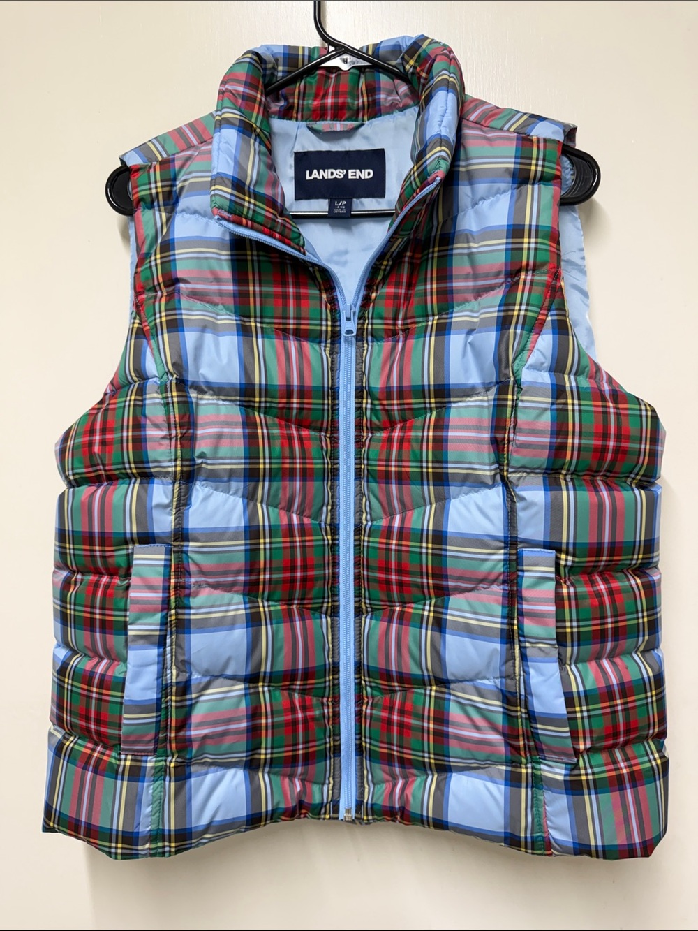 Lands' End Blue and Red Plaid Quilted Puffer Vest